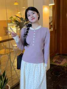 Purple Long Sleeve Knitted Sweater Womens 2025 New Autumn Winter Sweet Spicy Versatile Simple Slimming round Neck Short Top