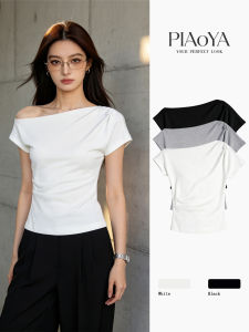 PIAOYA | Tailored Waist Asymmetric Shoulder Off-shoulder T-shirt