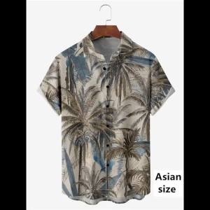 Mens Retro Watercolor Palm Tree Print Short Sleeve Shirt Lapel Button Placket Tropical Trip Look Mens Aloha Shirts