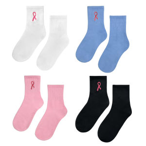 Ribbon Embroidered Breast Cancer Awareness Socks Cozy Soft Crew Socks Great Gifts For Ladies Youth Sports Clubs & Family