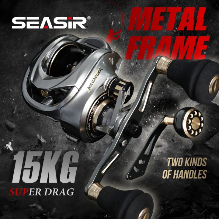 SEASIR Megacuda Metal Baitcasting Reel ALUMINUM FRAME Carbon Side Jigging  Reel Double Handle Max Drag 15KG 11+1BB 6.5:1 Metal Ball Grip Saltwater Reel