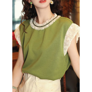 Shalldoer | Áo thun nữ cổ tròn tay ngắn mùa hè 2025 phong cách Hong Kong cổ điển thiết kế xen kẽ ren màu tương phản áo thun đa năng