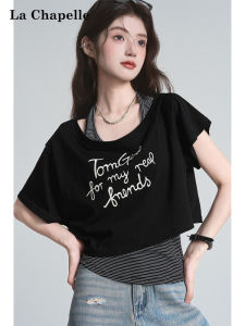 La Chapelle | Letter Print Crop Shoulder T-Shirt Stripe Tube Top Two-Piece Set