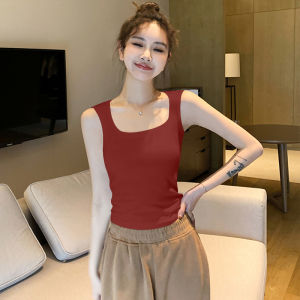 เสื้อกั๊กสายเดี่ยวคอเหลี่ยมสีดำสำหรับผู้หญิง ฤดูร้อน 2025 สายกว้าง แขนกุด เสื้อชั้นในกีฬา ดีไซน์หลังสวยงาม เสื้อชั้นในสตรี