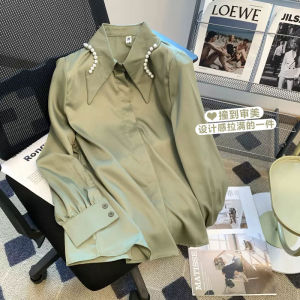 French Style Long Sleeve Pearl Collar Satin Acetate Chiffon Shirt Womens Fashion Autumn New Arrival Polo Neck Button Detail Slim Fit