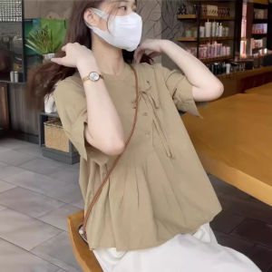 เสื้อเชิ้ตผู้หญิงแขนพองสไตล์จีนใหม่ คอตั้ง แขนสั้น ทรงหลวม ผ้าผสมโพลีเอสเตอร์ผสมคอตตอน ฤดูร้อน 2025