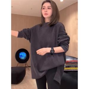 Thickened Long Sleeve T-Shirt Womens Mid-Length Open-Front Fashionable Sweatshirt American Style Knittedwear for Autumn