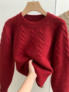 Soft Plush Bear Fur Knitted Sweater Womens Autumn Winter Fashion Commute Korean Style Twist Red New Year Sweater Top