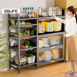 GSlife Kitchen Pantry Cabinet Kitchen Storage Cabinet Kitchen Organizer Racks Shelf Multifunctional Dustproof Cabinet with Pull-Out Doors & Wheels