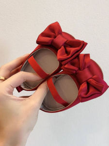 Spring Autumn Baby Shoes Girls Soft Bottom Pre-walking Shoes Anti-slip One Hundred Days Anniversary Red Princess Knot Shoes