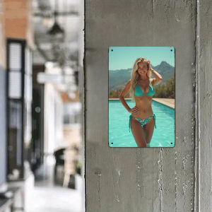 CIFbuy | 2D Flat Retro Metal Sign - Turquoise Bikini Pinup Poolside Design 8x12in Wall Art for Home Bar Cafe Bathroom