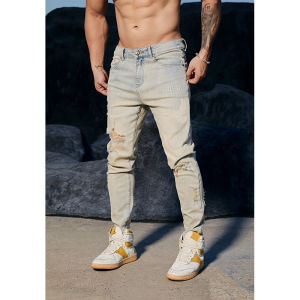 Bluesfly American Style Fitness Sporty Jeans Mens Slim Fit Elastic Hole Printed Casual Ankle-Length Pants