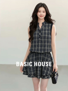 Basic House | Gray Plaid Flowerbud Sleeveless Summer Fitted Dress