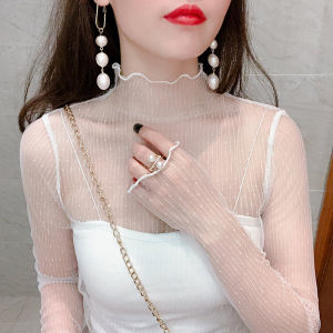 เสื้อชั้นในผ้าตาข่ายคอวีแขนยาวผู้หญิง ฤดูใบไม้ผลิและฤดูใบไม้ร่วง เสื้อชั้นในผ้าโปร่งบาง เสื้อชั้นในลายลูกไม้