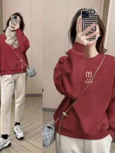 เสื้อสเวตเตอร์คอตั้งทรงหลวมพิมพ์ลายกระต่ายสีแดงเข้ม แขนยาว ทรงหลวม ทรงหลวม แขนยาว ปกติ ปกติ เสื้อผ้าผู้หญิง