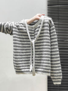 เสื้อคาร์ดิแกนถักคอตั้งลายทางหนาสำหรับผู้หญิง แขนยาว ปกติ ฤดูใบไม้ร่วง/ฤดูหนาว แฟชั่นสบายๆ ผ้าขนสัตว์ ผูกโบว์ แขนยาว ปกติ