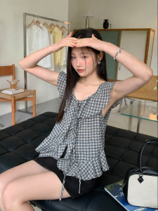 Vintage Check Flutter Sleeve Female Summer Shirt