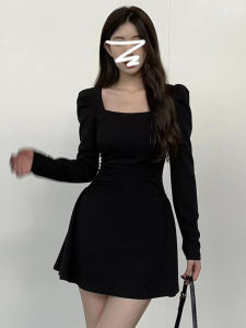 Y6Y | Winter New Arrival French Square Neck Black Long Sleeve Slim Fitted A-Line Mini Dress