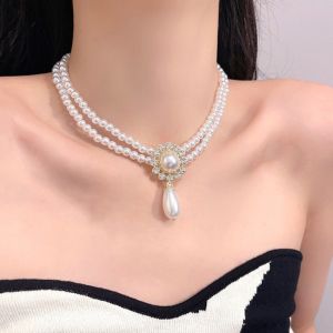 Court Style Light Luxury Diamond Encrusted Double Pearl Necklace Hepburn Elegant Temperament Clavicle Chain Necklace for Women Banquet Jewelry
