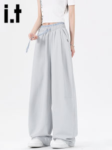 izzue | Lace Trimmed High Waist Straight Cut Gray Sport Pants