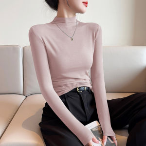 เสื้อเชิ้ตคอสูงครึ่งตัวผ้าโมดอลสำหรับผู้หญิง แขนยาว ทรงสลิมฟิต ทรงสลิมฟิต สีดำ แฟชั่นฤดูใบไม้ร่วง 2025 ใหม่