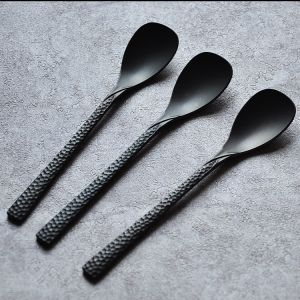 Gauss Metal Matte Black Hammered Pattern Spoon Creative Stainless Steel Dessert Coffee Spoon Vintage Style Utensil