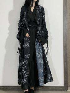 New Chinese Style Set Spring Autumn Print Outerwear Warring States Style Dark Ink Splatter Long Sleeve Polyester Jacket