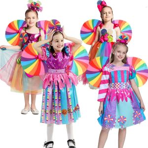 Kids Halloween Lollipop Princess Dress Dressy Birthday Carnival Tutu Dress Girl 2026 Purim Attire Rainbow Festival Clothing Gown