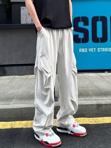 กางเกงทำงานแห้งเร็วสำหรับผู้ชาย ทรงตรง ทรงบาง ทรงสีเทาอ่อน กางเกงปีนเขากลางแจ้ง ทรงหลวม ผ้าโพลีเอสเตอร์ ทรงตรง