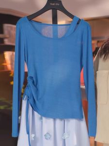 Womens Summer Blue Long Sleeve T-Shirt Drawstring Waist Slimming Sun Protection Shoulder Bared Fake Two-Piece Korean Style Loose Fit