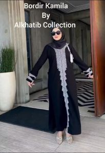 Pakaian Formal Muslimah: Gamis Bordir Kamila Alkhatib Collection Jetblack