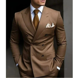 2 Pieces Solid  Men Suits Set Fashion New Mens Formal Business/Wedding Groom Suits Peak Lapel Double Breasted Blazer Trouser