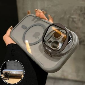 For Magsafe Magnetic Kickstand Stand Case For iPhone 15 12 13 14 Plus 11 Pro Max Transparent Metal Wireless Charge Ring Cover