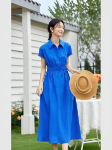 Vimly | Đầm Dài Cổ Sơ Mi Màu Xanh Klein Mới Mùa Hè