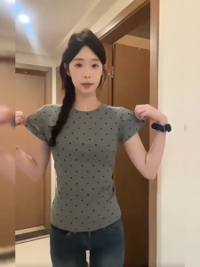 COD✅ Malaysia Ready Stock Korean Dark Gray Polka Dot Crop Top Women Summer Soft Elastic Round Neck Short Sleeve T-shirt Chic Basic Casual Tee