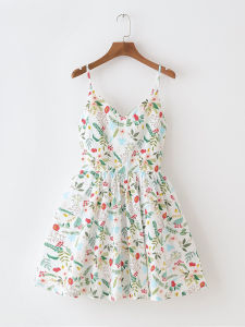 White Background Floral Fresh Cotton Large Skirt Seaside Beach Vacation Swing Waist Suspender Skirt Dress Bottoming Skirt New Arrival Summer
