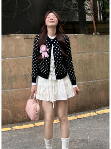 YUEZHONGWEI | Black Dots Slim Fit Knit Cardigan Short