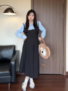 ชุดเดรสยาวแขนยาวสไตล์วิทยาลัยไซส์ใหญ่สำหรับผู้หญิงในฤดูใบไม้ร่วงและฤดูหนาว กระโปรงทรงเอเอวสูง กระโปรงทรงเอ ชุดสองชิ้น