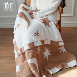 Thickened Double-sided Knitted Half-fleece Sofa Cover Blanket Warm Modern Simple Style Blue Star Moon Pattern Casual Blanket