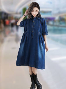 ลำลอง ฤดูร้อน Midi เดนิม เดรส ผู้หญิงสไตล์บาง เอว Cinched Light Blue เดรสเชิ้ต สไตล์เกาหลี ปุ่มประกบ มีเข็มขัด เดรส