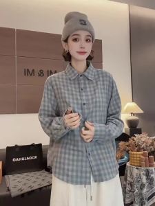 Wearable Blue Check Plaid Blouse Collared Shirt Inner Layer