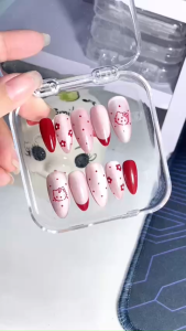 [ Mã L20 ] Nailbox thiết kế mắt mèo hồng đỏ Hello Kitty + chấm bi + hoa mini