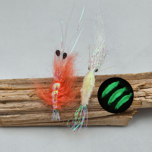 6PCS/Box Flash Backing Orange Shrimp Fly /Pearl White Ice Wing Luminous Shrimp Saltwater Fishing Fly Trout Sea Bass Lure Bait