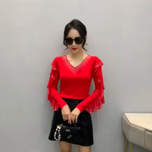 YIMEI Diamond V-neck dance shirt womens long sleeved spring and autumn fashion lotus leaf sleeve mesh top thin and fashionable T-shirt
