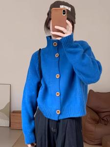 Blue Knitted Sweater Coat Womens Thickened Casual Style Half High Collar Autumn Winter Vintage Single Button Cardigan