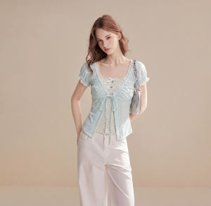 QIAOJIAOYA | Blue Lace Bell Sleeve Short Sleeve Shirt Set