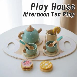 Kids Wooden Tea Set Play House Pretend Make Tea Play With Teapot Teacup Afternoon Snack Role Playing Toys Boys Girls Gift
