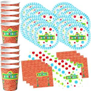 Hasbro | 60Pcs Cartoon Elmo Disposable Tableware Set for Kids Baby Shower Birthday Party Includes Paper Cups Plates Napkins Decor Kit