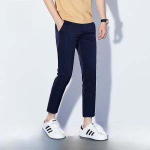 ROMON | กางเกงลำลองผู้ชาย RoMeng กางเกงขายาวทรงตรงบาง ระบายอากาศได้ดี ผ้าไหมน้ำแข็งยืดหยุ่น 9 จุด แฟชั่นฤดูร้อน กางเกงขายาวสำหรับธุรกิจ