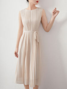 Elegant French Style Sleeveless Womens Dress High Waist A-Line Long Skirt Inner Wear Silk Blend Polyester Blend Zipper Closure